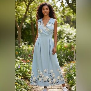 Light Blue Floral V-Neck Midi Dress